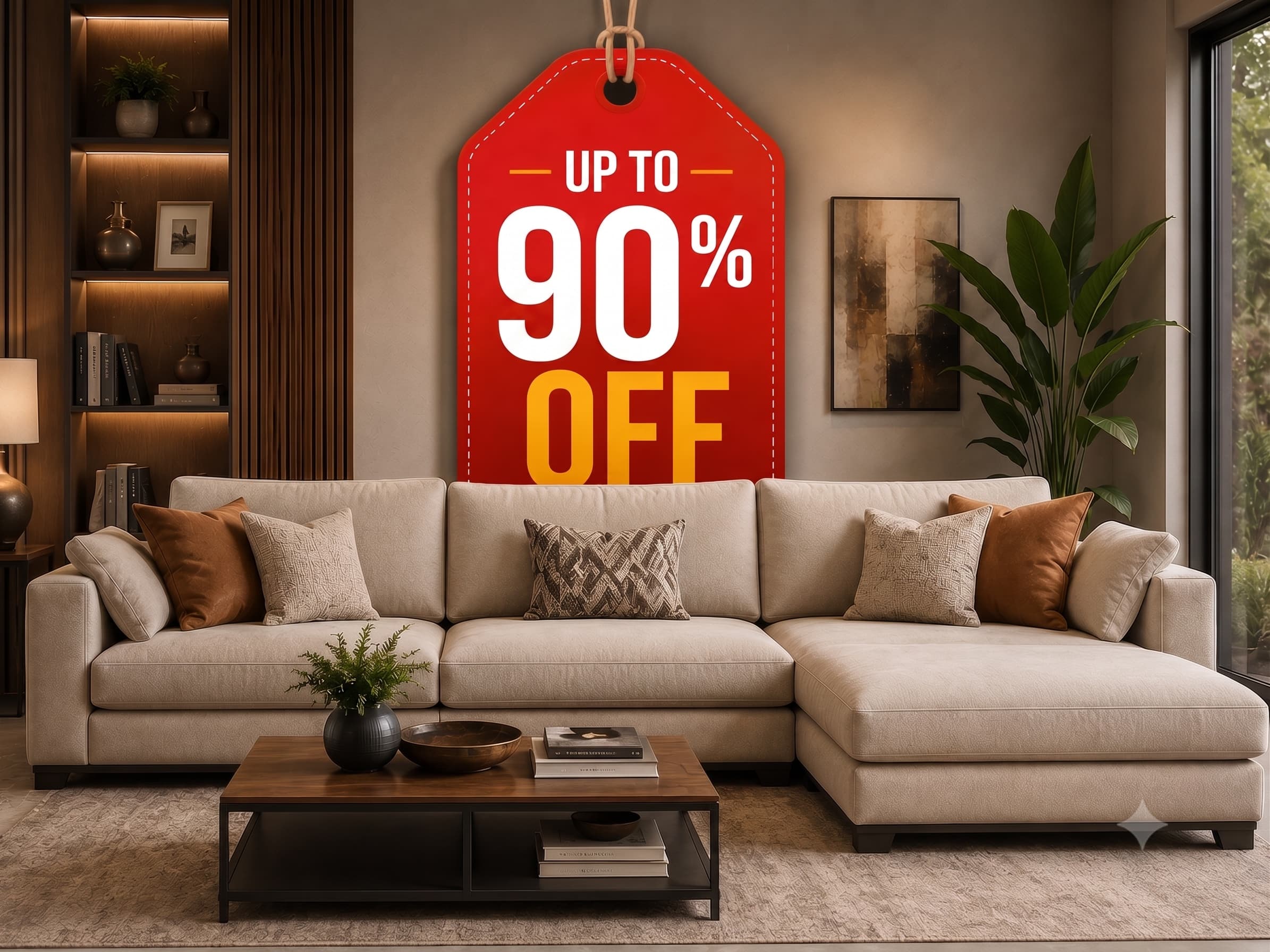 Beige sectional sofa in a living room, up to 90% off in the showroom clearance sale