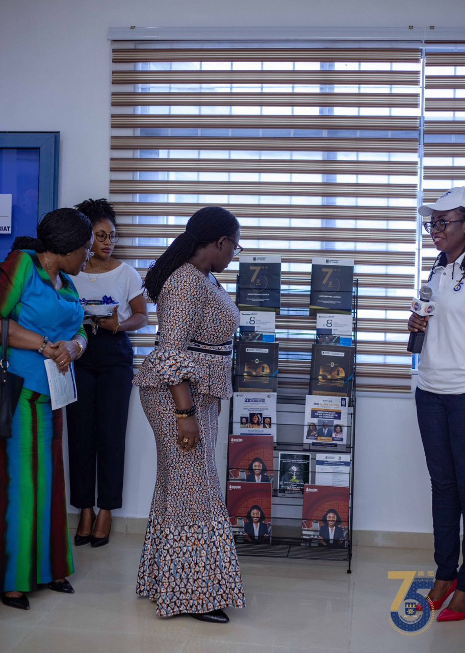 The Vice Chancellor of the University of Ghana, Prof. Nana Aba Appiah Amfo admiring the unique design of the magazine stand.