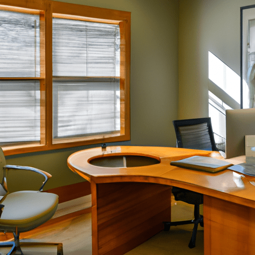 An image of a sleek, modern office with a spacious desk, adjustable ergonomic chair, and stylish wooden furniture, all bathed in warm, natural light.